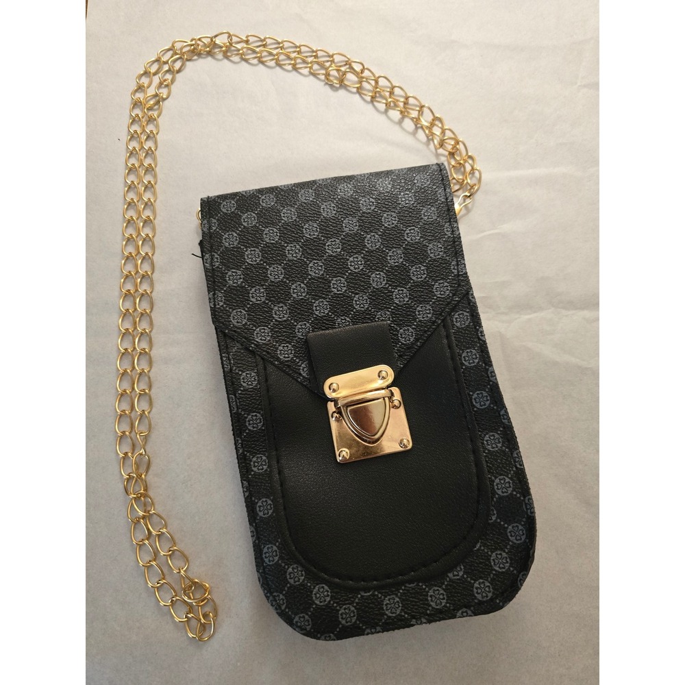 Black Monogram Crossbody Phone Bag Gold Chain Strap Small Tech Purse Pocket